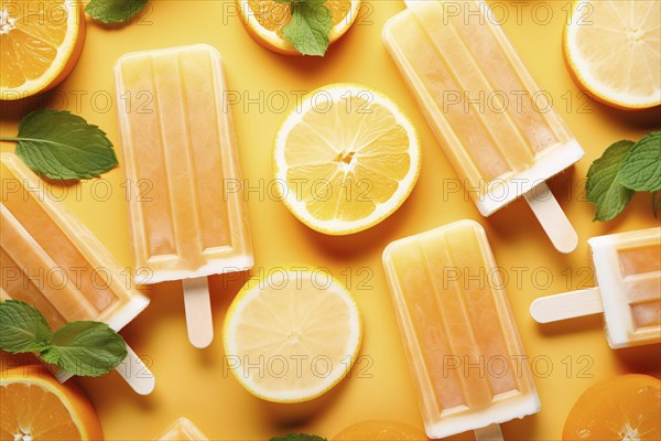 Orange ice popsicles with fruit. KI generiert, generiert, AI generated