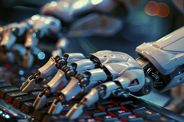 Close up of white artificial intelligence android robot hand writing text on compurter keyboard.