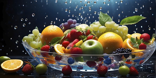 Vibrant illustration of a bowl brimming with a cascade of fresh fruits and vegetables, AI generated