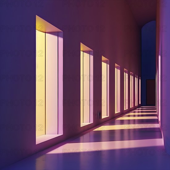Windows aligned within an elongated tunnel permeated with gradients of soft yellow and pink hues,