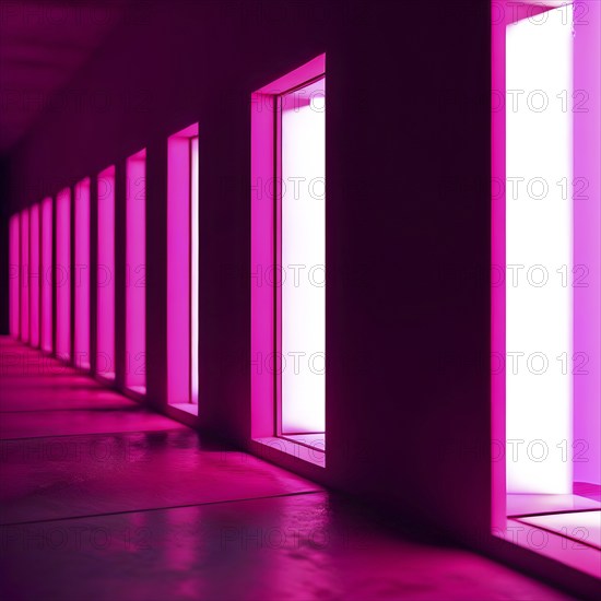 Windows aligned within an elongated tunnel permeated with gradients of magenta hues, AI generated