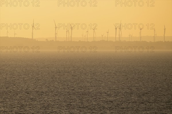 Evening mood, silhouettes of wind turbines, Bay of Lübeck, Schleswig Holstein, Germany, Baltic Sea,