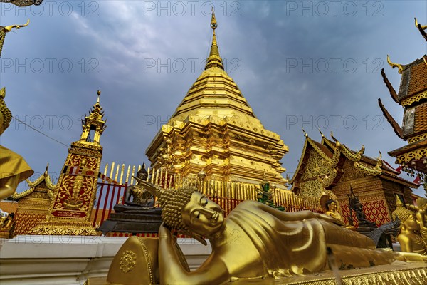 Reclining Buddha and Golden Chedi of the Buddhist temple complex Wat Phra That Doi Suthep, landmark