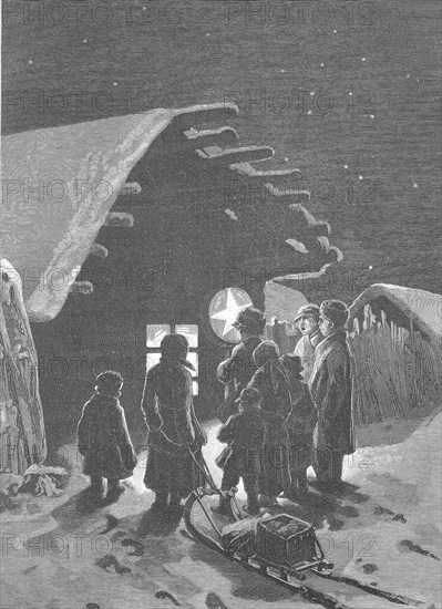 Christmas Carolers in a Russian Village, Russia, Historical, digitally restored reproduction from a