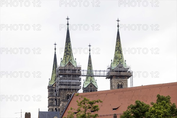 City view, construction work with scaffolding at St Michael's Church, Michaelsberg Bamberg, Upper