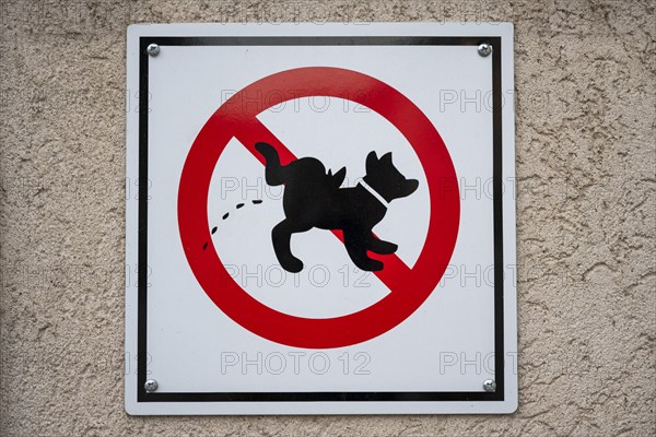 Prohibition sign on a house wall with pictogram of a urinating dog