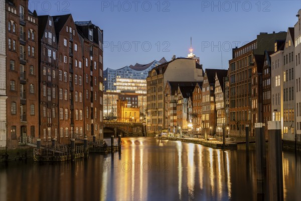 Nikolaifleet with Elbe Philharmonic Hall at the blue hour, Hamburg, Germany, Europe