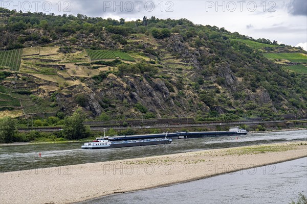 Cargo ship, tanker, on the Rhine in the Upper Middle Rhine Valley, sandbank in the Rhine, due to