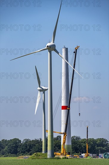 Erection of the tower of a wind power plant in a wind farm near Issum, 9 older wind turbines from