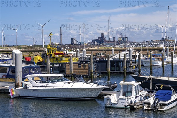 Seaport Marina IJmuiden, marina, sailing boats, yachts, behind the Tata Steel steel and smelting
