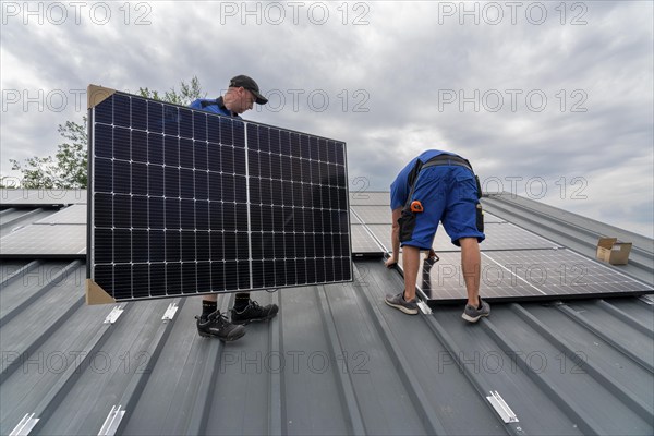 Installation of solar modules on the roof of a barn on a farm, over 240 photovoltaic modules are
