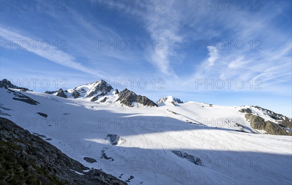 High alpine mountain landscape, summit of the Aiguille de Chardonnet and Glacier du Tour, glaciers