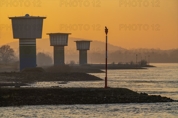 Rhine at Duisburg-Bruckhausen, towers of the water extraction facilities of ThyssenKrupp Steel