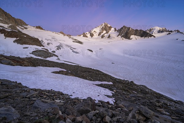 High alpine mountain landscape at sunset, Glacier du Tour, glacier and mountain peak, summit of the
