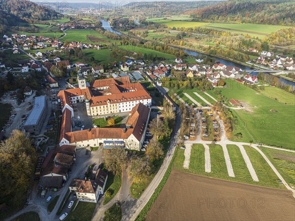 Aerial view of Plankstetten with Benedictine Abbey, Plankstetten, Berching, Bavaria, Germany,