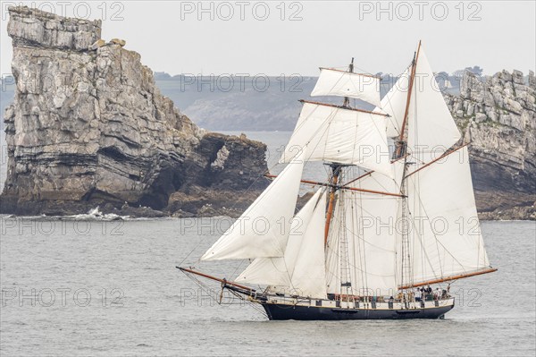 Large old traditional sailing boat in a bay on the Atlantic. Camaret sur mer, Crozon, Finistere,
