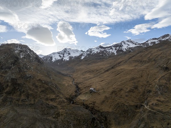 Mountain hut Martin-bush-Hütte, mountain landscape in Niedertal in autumn, aerial view, Vent,