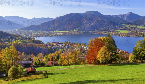 Panorama of the village and lake with the monastery castle in autumn, Tegernsee, Tegernsee,