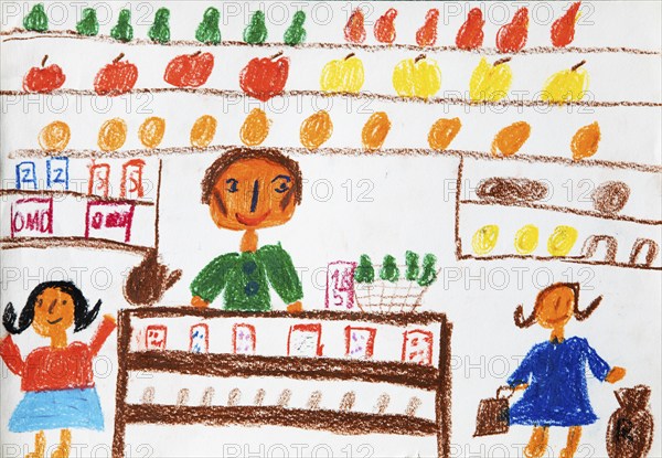 Naive illustration, children's drawing, shop in a grocery shop