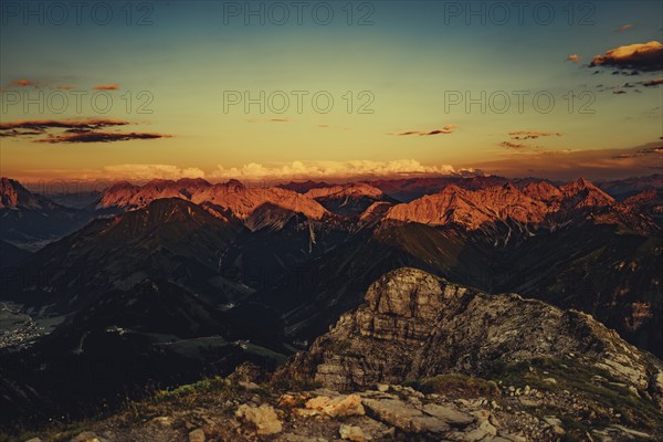 Thaneller summit at sunset in the Lechtal valley in Tyrol with a wonderful view of the surrounding
