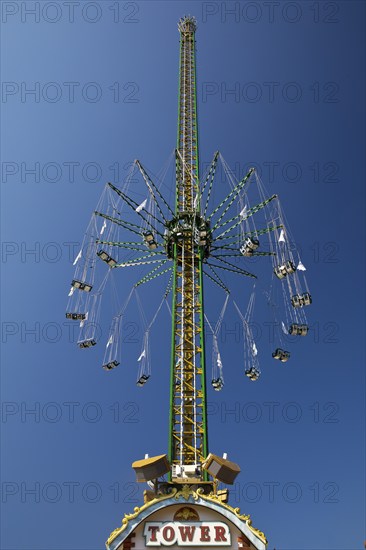 80 metre high giant chain flyer tower under a blue sky, Cranger Kirmes, Herne, Ruhr area, North