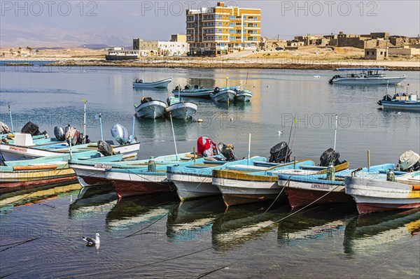 Fishing boats anchored in the harbour of Mirbat, Dhofar Province, Arabian Peninsula, Sultanate of