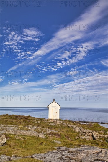 Small white hut on the island of Andoya, Vesterålen, Norway, Europe
