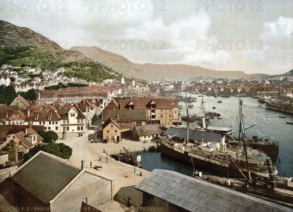 General view of Walkendorff's Tower, Bergen, Norway, View from 1885, Historical, digitally restored