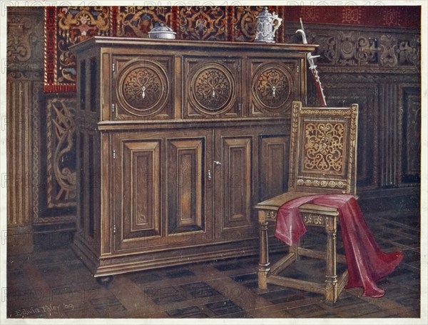 Furniture around the turn of the century 1900, Oak cabinet, with circular convex panels, Walnut