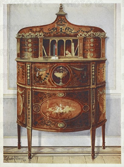 Furniture around the turn of the century 1900, Inlaid and painted satinwood writing-desk cabinet,