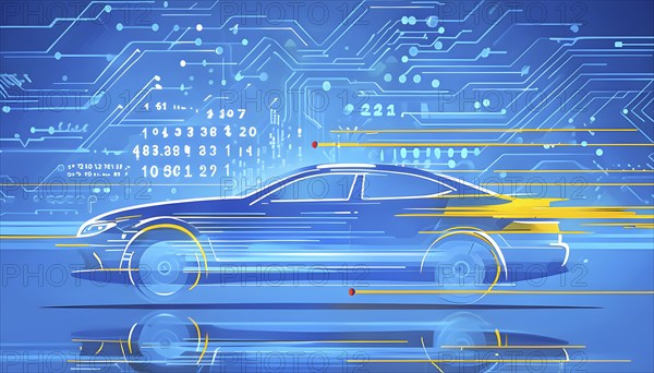 Sport car silhouette with vibrant blue and yellow dynamic lines showing motion, surrounded by data