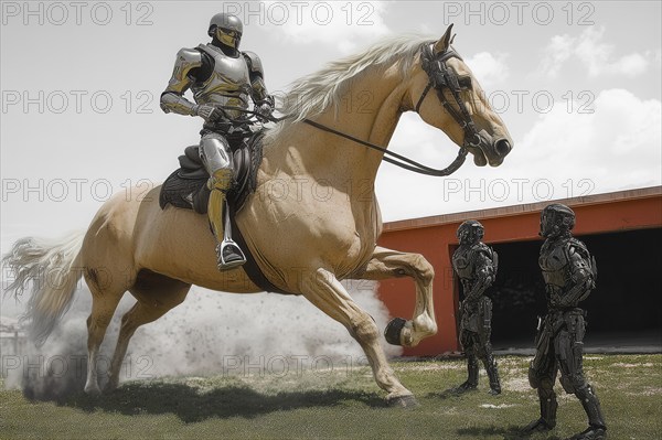 Cyborg soldier in full battle armor on rearing white horse, AI generated