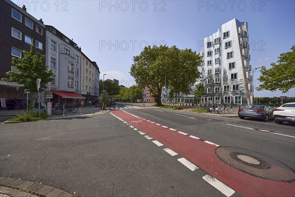 Neuer Zollhof street with residential buildings and Gehry buildings by architect Frank O. Gehry in