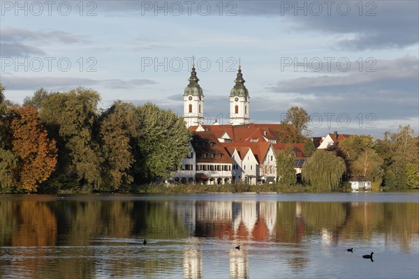 Church of St. Peter, view over the town lake, morning light, autumn, Bad forest lake, Upper Swabia,