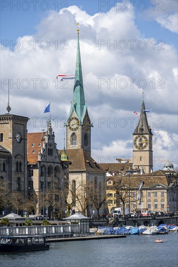 Zurich old town, view of the Limmat and churches, Switzerland, Europe