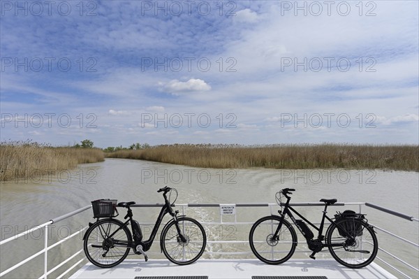 Bicycles on bicycle ferry in the canal, Illmitz, Lake Neusiedl National Park, Seewinkel,
