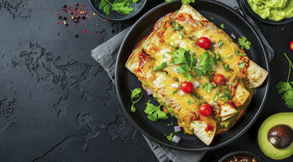 Plate of enchiladas with a side of salsa and guacamole. Wooden table with bowls of various sauces,