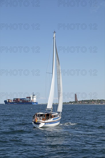 Container ship, sailing boat, naval memorial, Laboe, Schleswig-Holstein, Germany, Europe