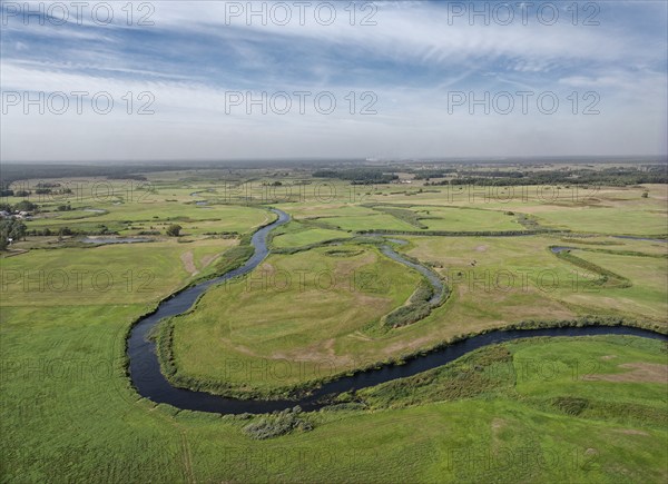 The meandering Biebrza River in the Biebrza National Park in northern Poland. Goniadz, Podlasie,
