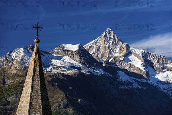 The Bietschhorn near Visperterminen, Swiss Alps, mountain, church, church tower, village, mountain