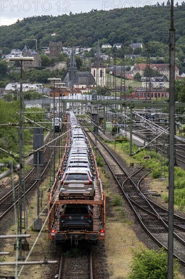 Upper Middle Rhine Valley, goods train, car transporter at Bingen station, waiting for permission