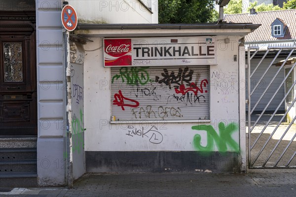 Drinking hall, closed, neglected, graffiti, smeared, Mülheim an der Ruhr, North Rhine-Westphalia,