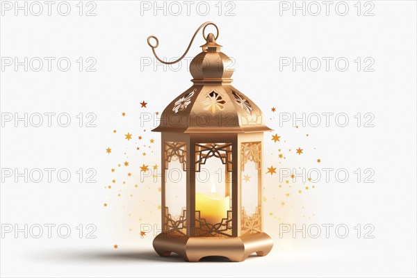 Golden Ramadan lantern on white background emits a warm glow, surrounded by sparkling stars,
