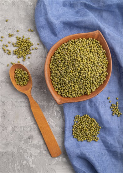 Clay bowl with raw green mung bean and wooden spoon on a gray concrete background and blue textile.