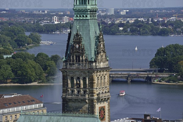Europe, Germany, Hamburg, City, View from above of City Hall, Inner and Outer Alster Lake, City