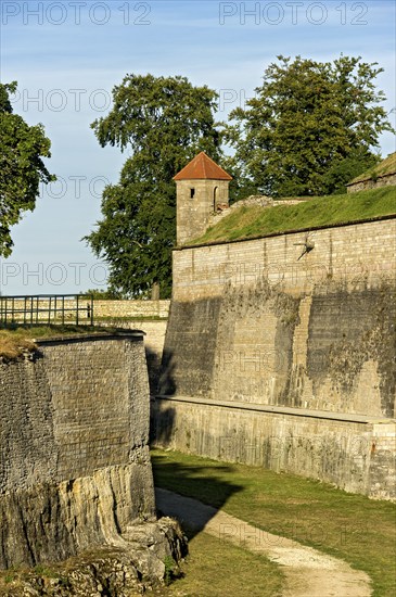 Guardhouse on fortress rampart, fortress wall with moat, bastion Roßmühle, Wülzburg fortress,