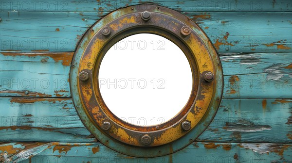 Vintage aged brass ship porthole mounted on a wooden hull with a white background. generative AI,