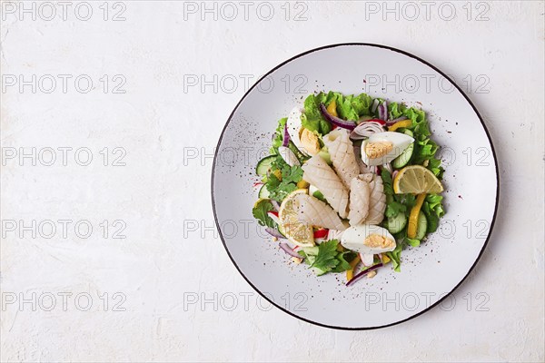 Salad of squid and vegetables, with egg, homemade, no people