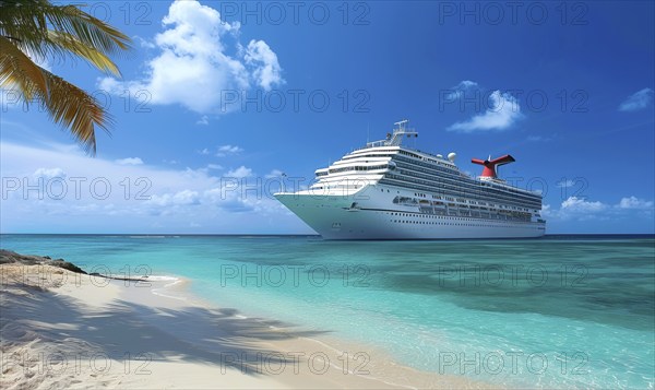 A large cruise ship is docked at the beach. The ship is white and is surrounded by a blue ocean.