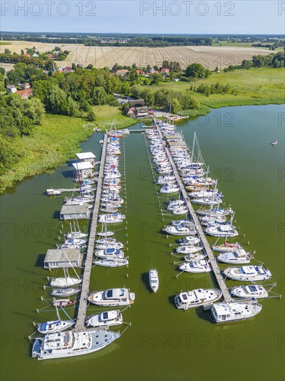 Aerial view, drone photo: Yachts in Krummin natural harbour, Krumminer Wiek on the Peene River,